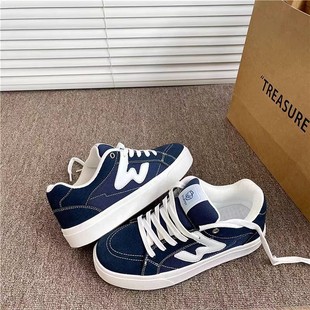 海军蓝情侣面包鞋女ins潮2026春秋新款帆布鞋百搭运动休闲板鞋女