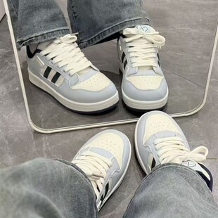 原创蓝白色拼接两条杠面包鞋女潮情侣款百搭小众滑板鞋运动休闲鞋