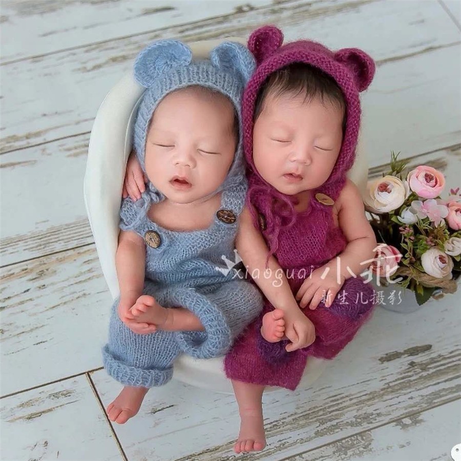 新生儿摄影服装 宝宝拍照背带裤 手工针织马海毛小熊儿童拍照衣服