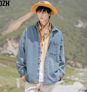 男士休闲牛仔长袖衬衣男春秋款宽松男装2021新款蓝色衬衫外套薄款