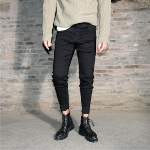 脚切边百搭九分裤 黑色光板修身 流行裤 男显瘦弹力铅笔裤 小脚牛仔裤