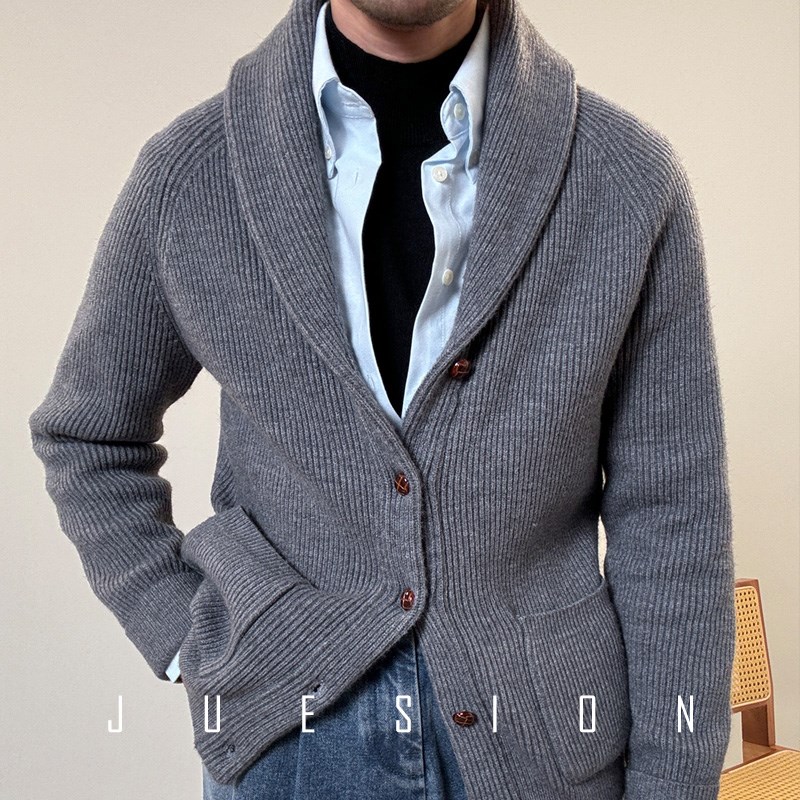 JUESION 冬季加厚保暖青果领毛衣外套男宽松设计感秋冬款针织开衫