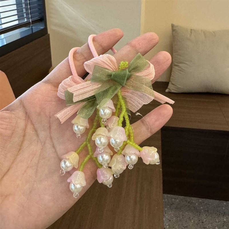 手工编织粉色串珠铃兰花发圈发绳绑头发皮筋发饰小女孩头饰