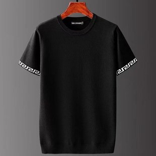 短袖大码毛衣男半截袖秋冬季厚款保暖修身打底针织衫圆领T恤上衣