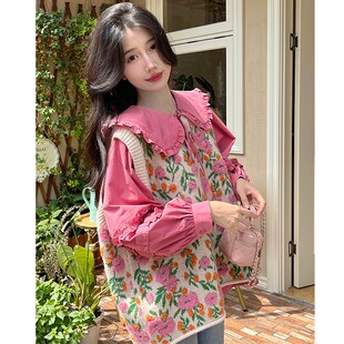 大码女装胖mm秋季时尚两件套立体花朵叠穿马甲+娃娃领设计感衬衫
