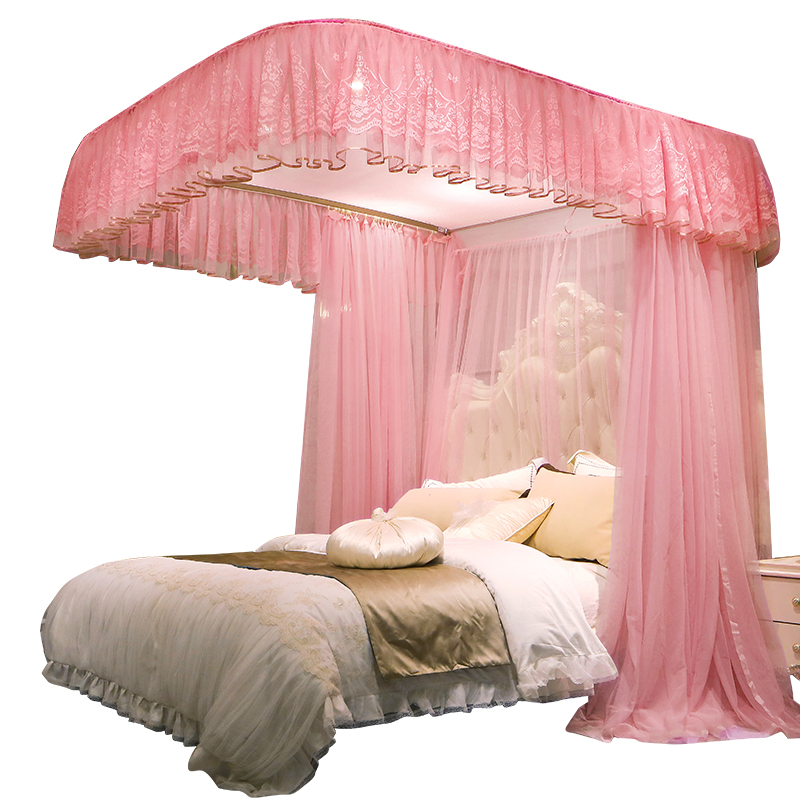 2022新款公主蚊帐u型导轨伸缩款2021家用卧室高级加厚加密文蚊帐