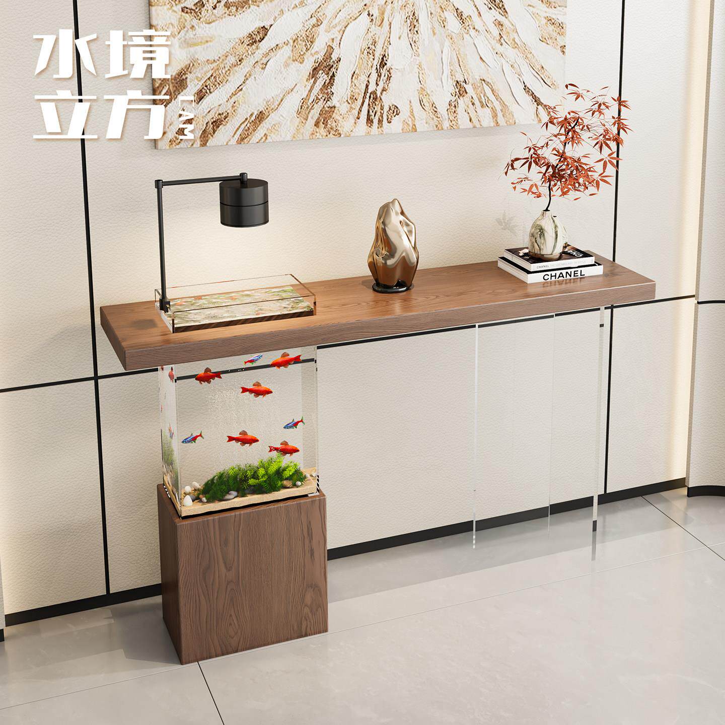 现代风玄关台设计师高级感入户玄关桌鱼缸造景新型条案实木玄关柜