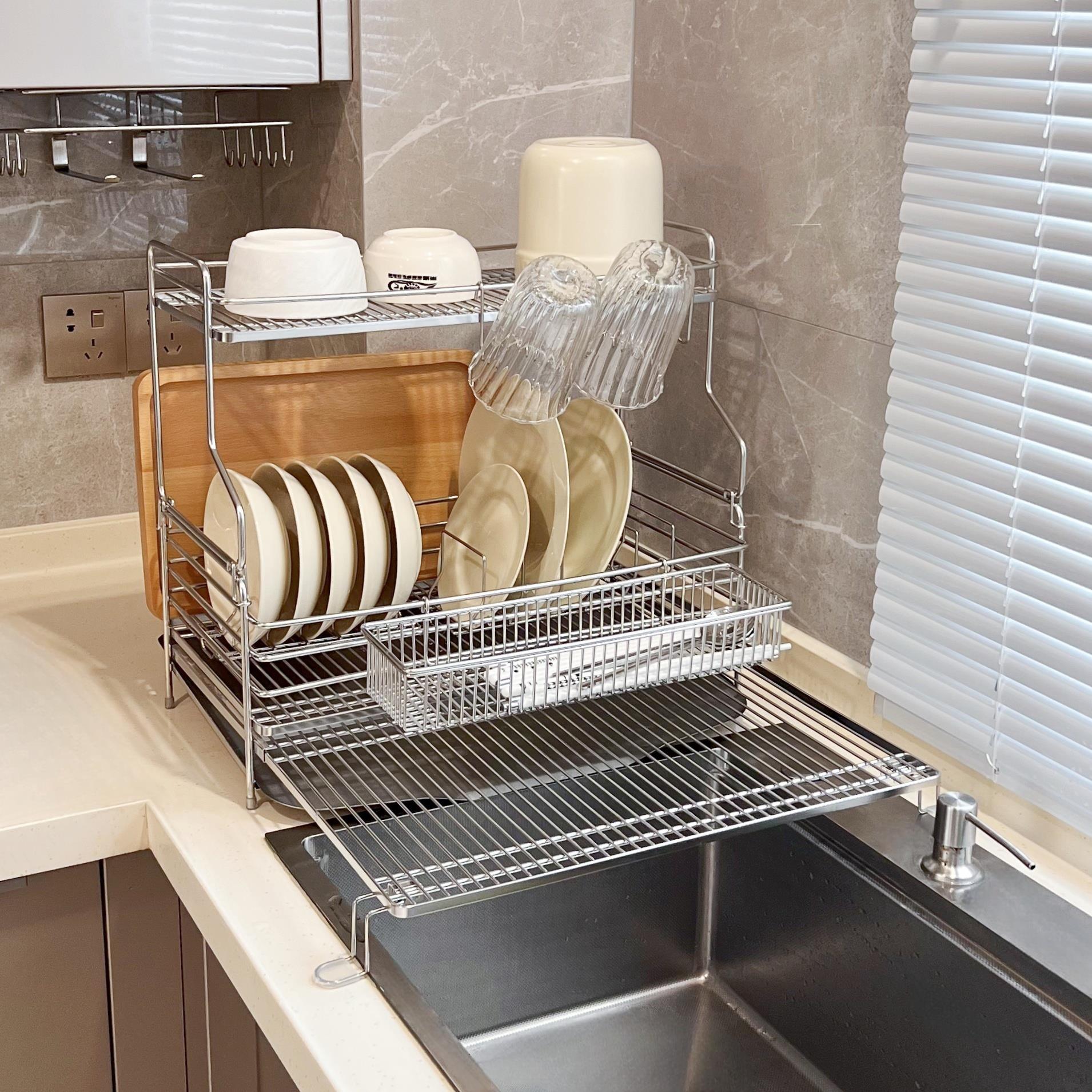 全304不锈钢双层沥水架晾碗架碗碟架厨房水池碗筷盘子收纳置物架