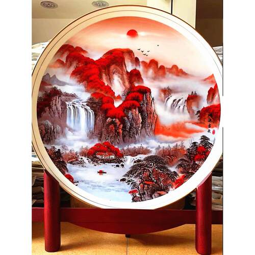 鸿运当头景德镇陶瓷50公分青花龙摆盘高档描金挂盘工艺品装饰摆件