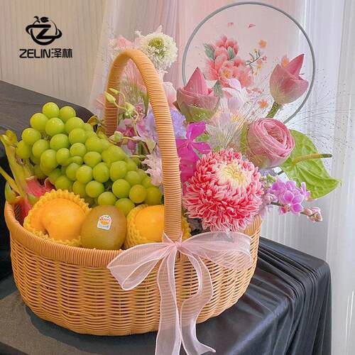 泽林新款水果手提花篮仿藤条手工编织插花篮子节日礼物鸡蛋花篮