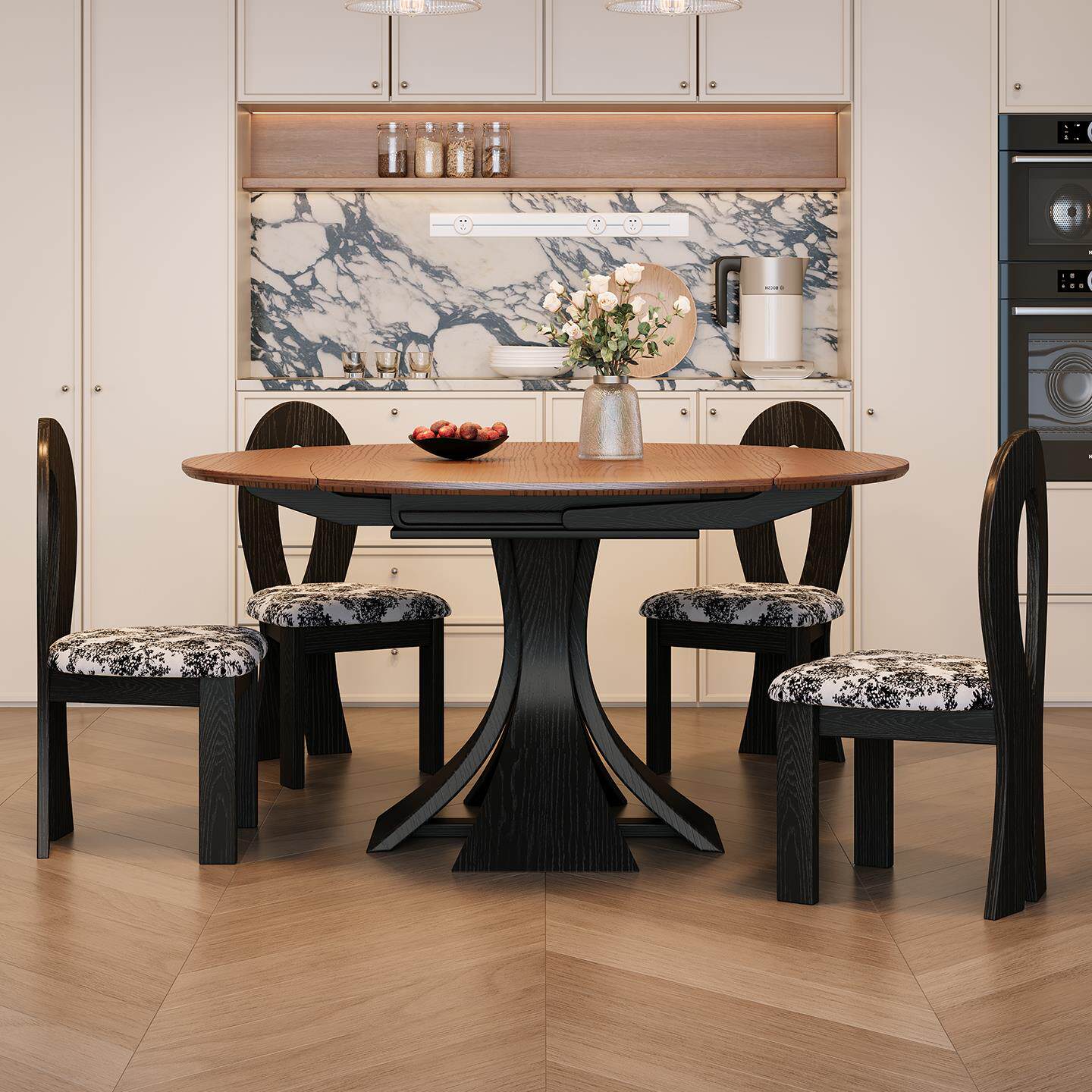 法式中古风实木折叠餐桌可变圆桌2025新款客厅伸缩圆形白蜡木饭桌