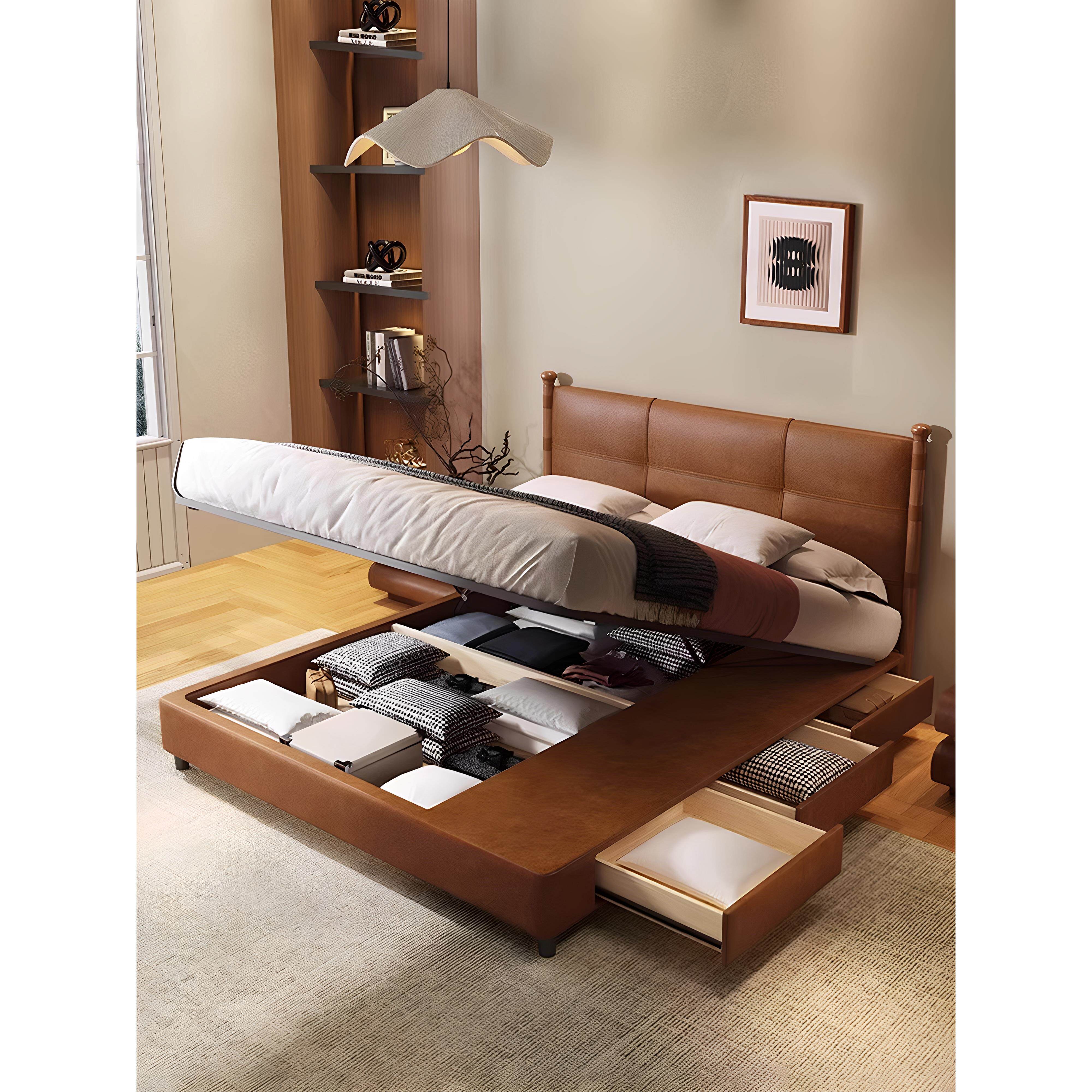 梧桐真皮床法式覆古主卧头层牛皮实木轻奢1米8软包双人床中古风