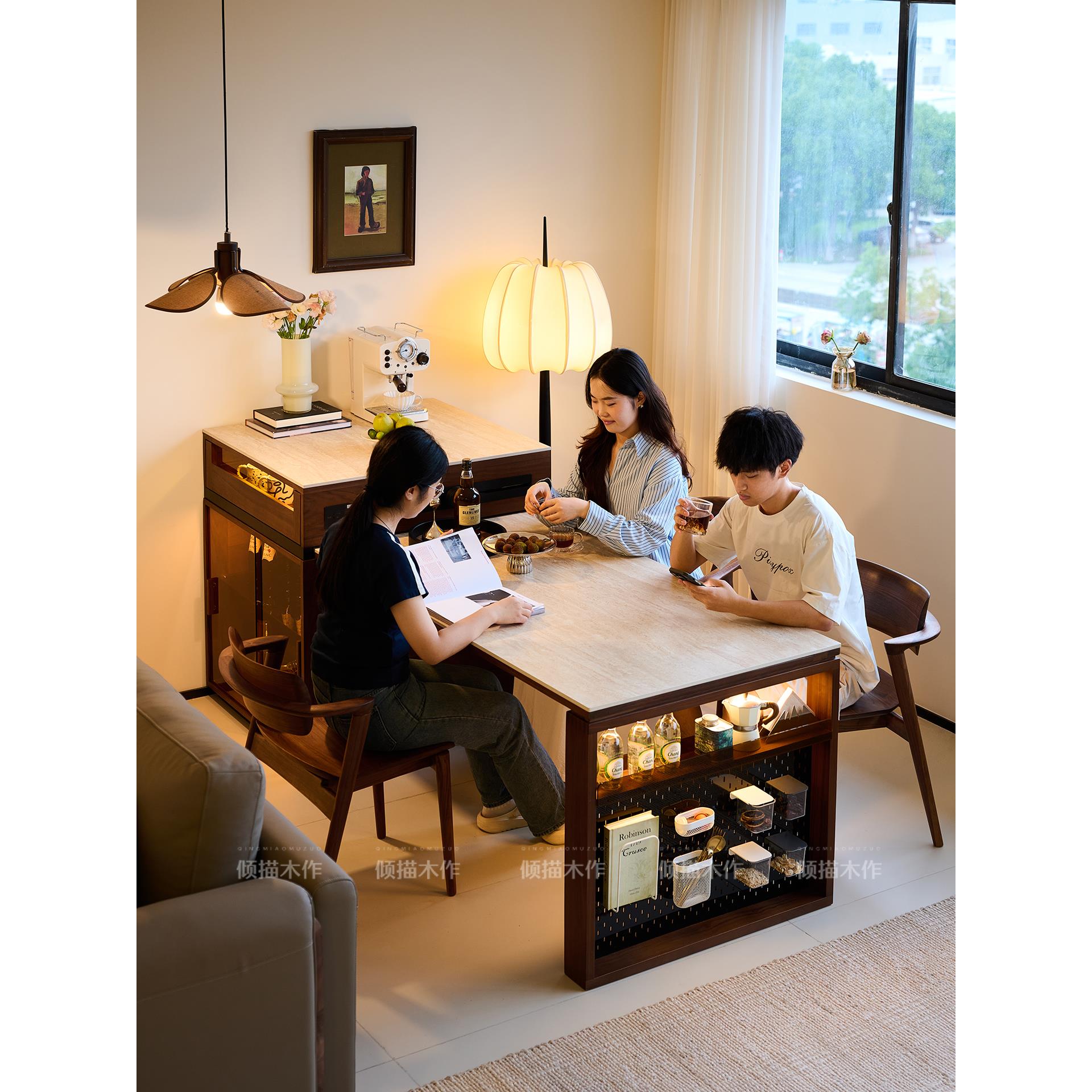 倾描北美黑胡桃木岩板岛台餐桌一体小户型家用可伸缩多功能吧台桌