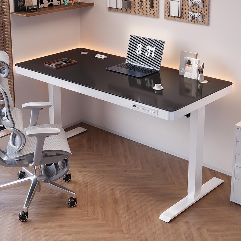 玻璃款电动升降桌实木电脑桌可升降电竞桌子家用学习办公书桌桌面