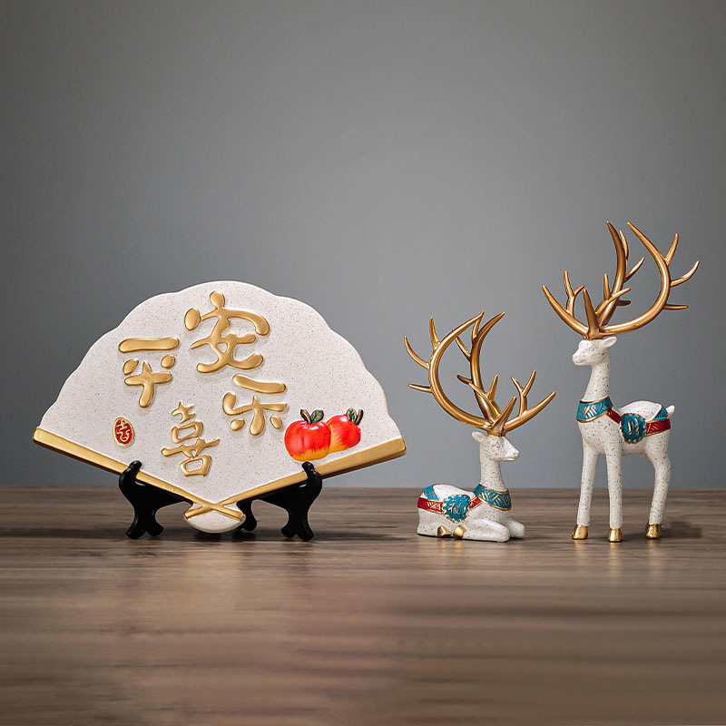 新中式平安喜乐摆件扇叶盘客厅玄关装饰品电视柜酒柜乔迁礼物