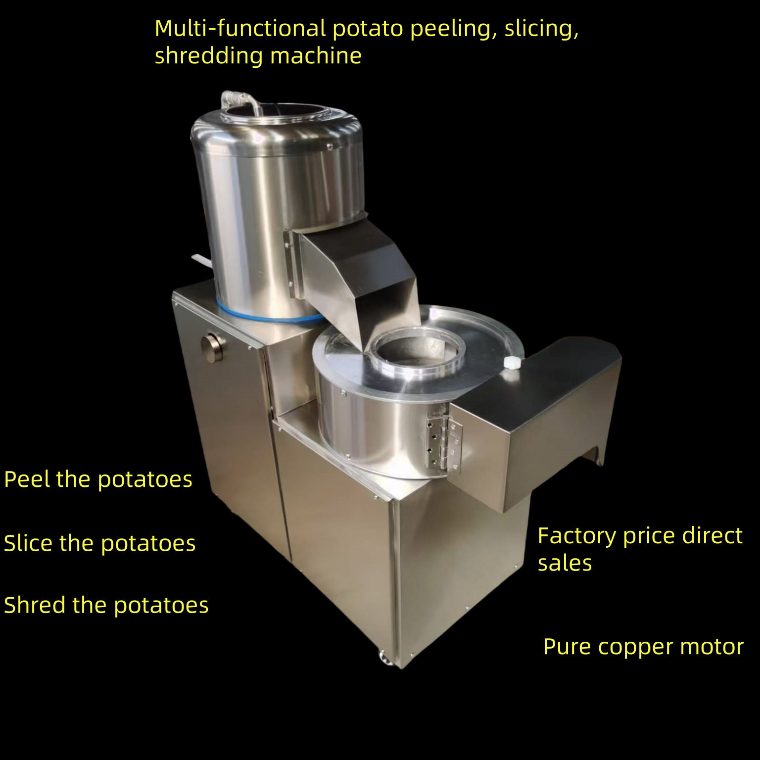 Commercial potato peeling, slicing and shredding machine