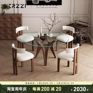 HERZZI设计师全实木钢化玻璃餐桌家用现代吃饭小户型圆形桌子洽谈