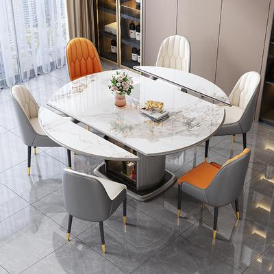轻奢岩板餐桌家用伸缩变形吃饭桌实木椅组合一桌六椅可变圆桌餐桌