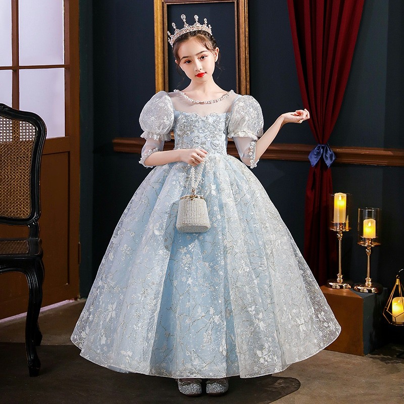 闪亮连衣裙宴会礼服女童生日公主裙儿童演出服中大童长纱裙蓝女孩