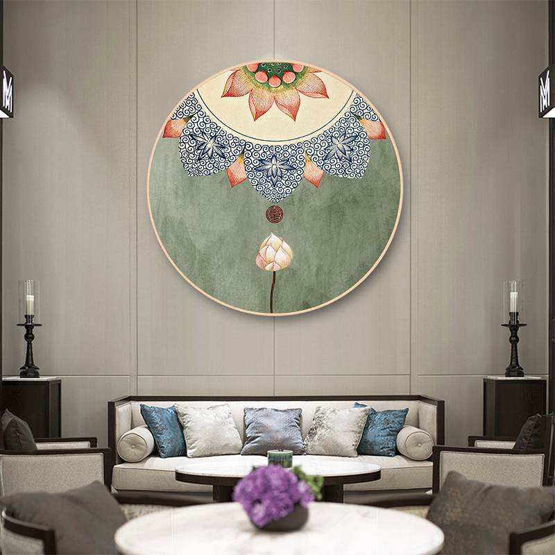 新中式客厅装饰画玄关挂画荷花莲花沙发背景墙餐厅圆形禅意中国风图片