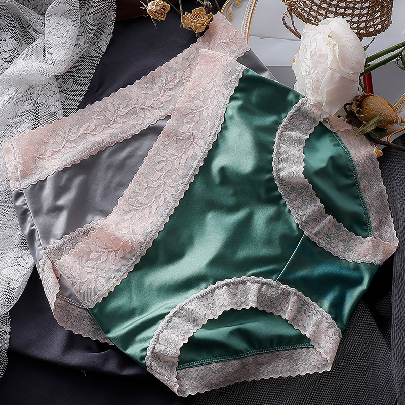 高档弹性缎面丝滑内裤女士中腰无痕光面料舒适透气三角短裤头花边