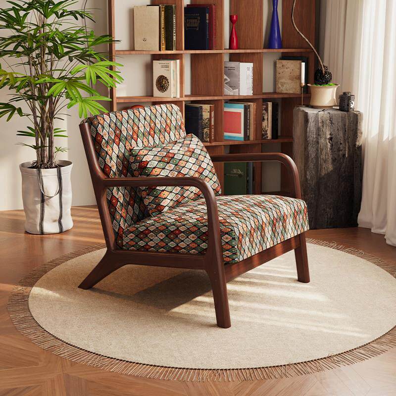 覆古单人沙发椅客厅椅子轻奢高级阳台单椅设计师实木休闲 椅阅读