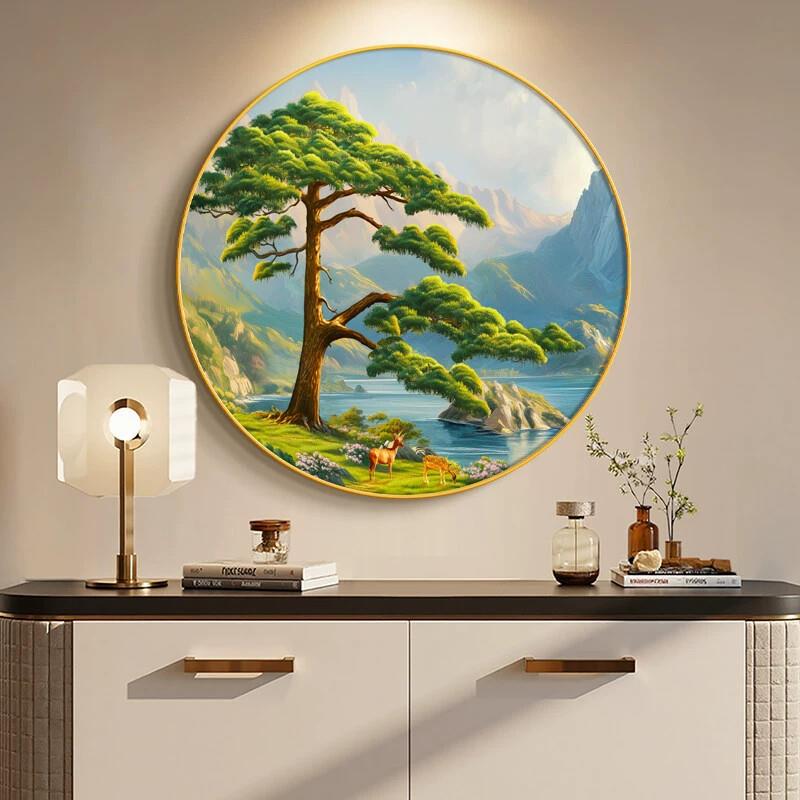 迎客松圆形挂画现代简约玄关柜装饰画山水画靠山图墙画客厅风景画