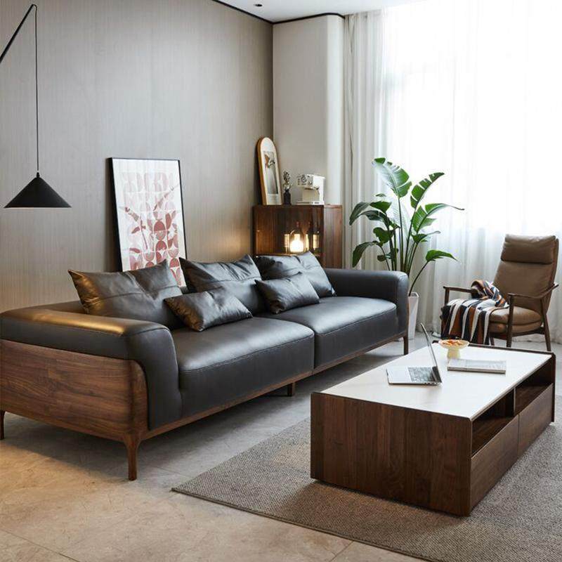新中式实木沙发组合现代简约客厅家用办公室黑胡桃木皮艺沙发家俱