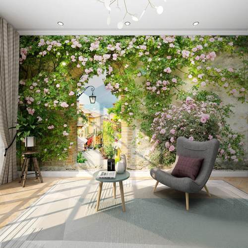 欧洲小镇田园风景竹木纤维集成护墙板奶茶店餐厅客厅沙发背景墙板