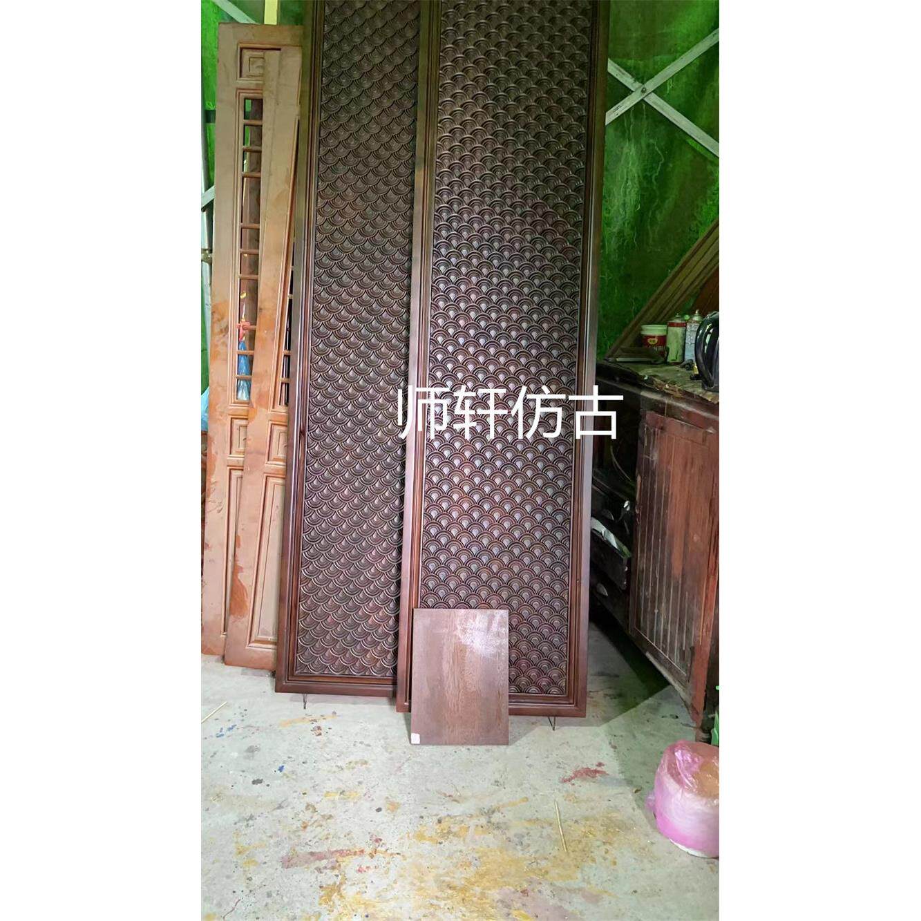 东阳木雕实木鱼鳞图案雕刻板屏风手工压花板入口隔断背景墙定制