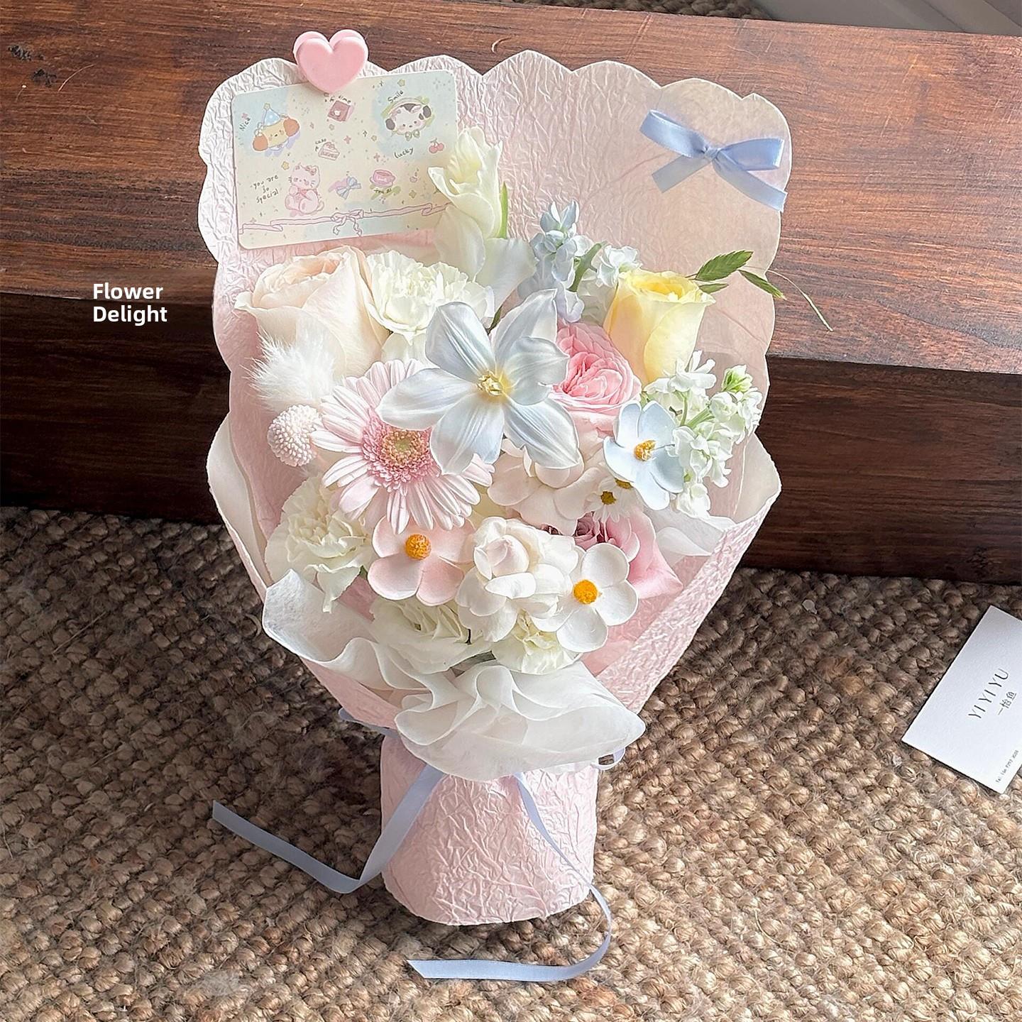 少女心粉色玫瑰混搭花束成品彷真花送女生生日节日见面小花束礼物
