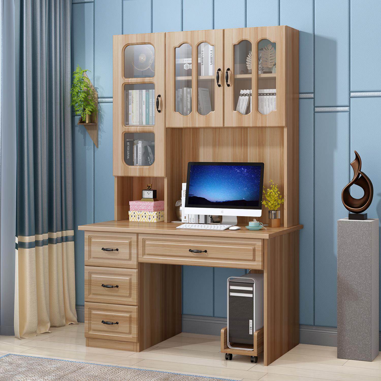 现代简约实木书桌电脑台式桌书柜书架一体桌家用卧室儿童学习桌