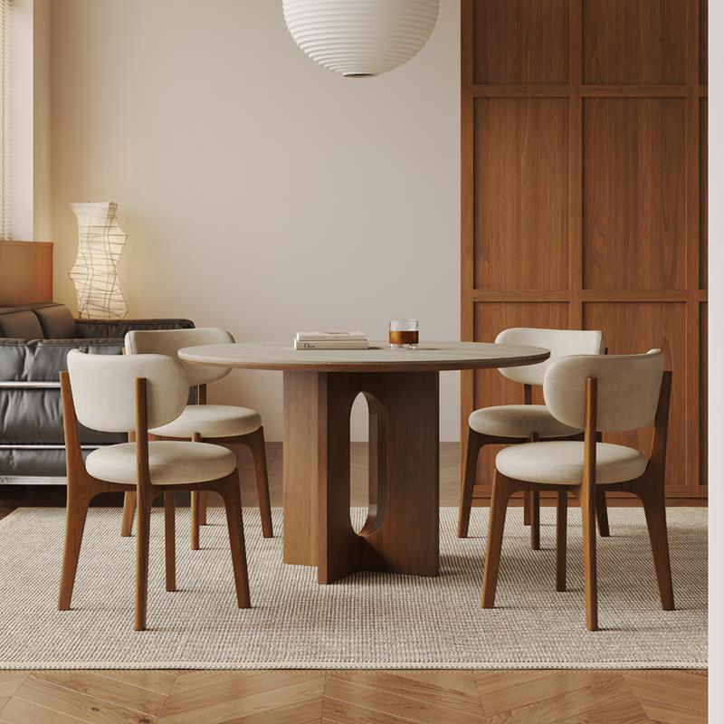 中古风洞石岩板圆形餐桌家用小户型餐厅饭桌实木圆桌椅组合带转盘