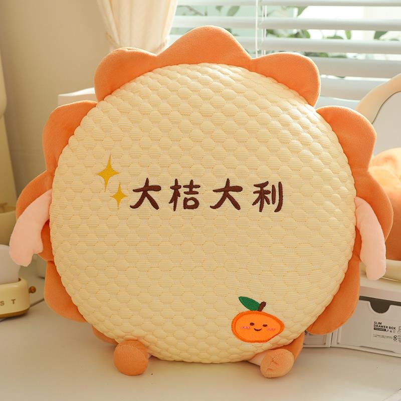 日本进口夏天冰丝桔子毛绒抱枕被子两用办公室午睡毯子枕头圆形靠