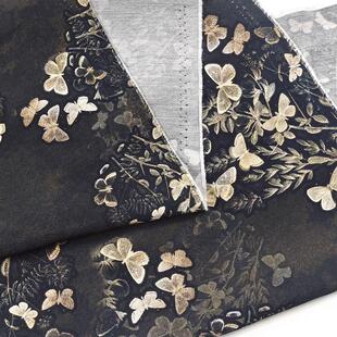 新中式黑金仿香云纱国风蝴蝶人棉印花布料春夏女装旗袍马面裙爆款