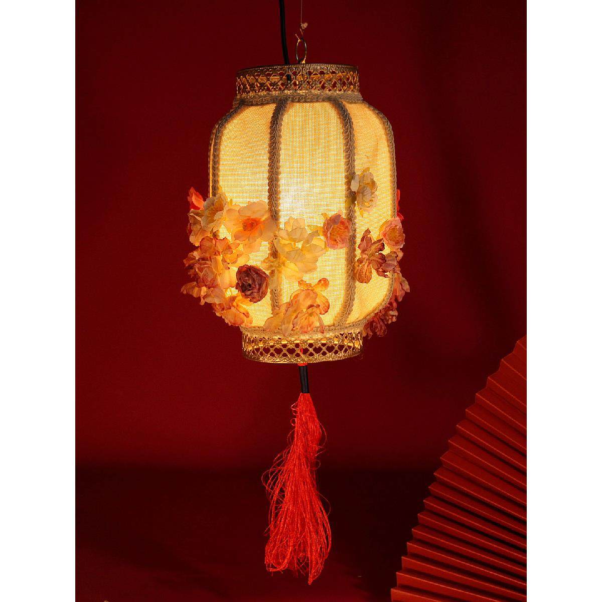 麻布宫灯手工仿真花朵手提步摇灯笼复古风汉服舞蹈中秋节花灯发光