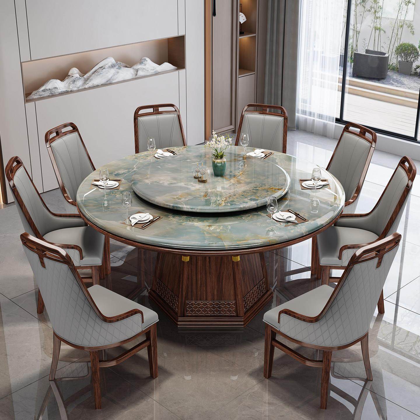 新中式大理石实木餐桌椅组合轻奢家用别墅餐厅大圆桌带电磁炉饭桌,住宅家具,大理石餐桌,淘宝优惠券,粉丝福利购,淘宝优惠卷