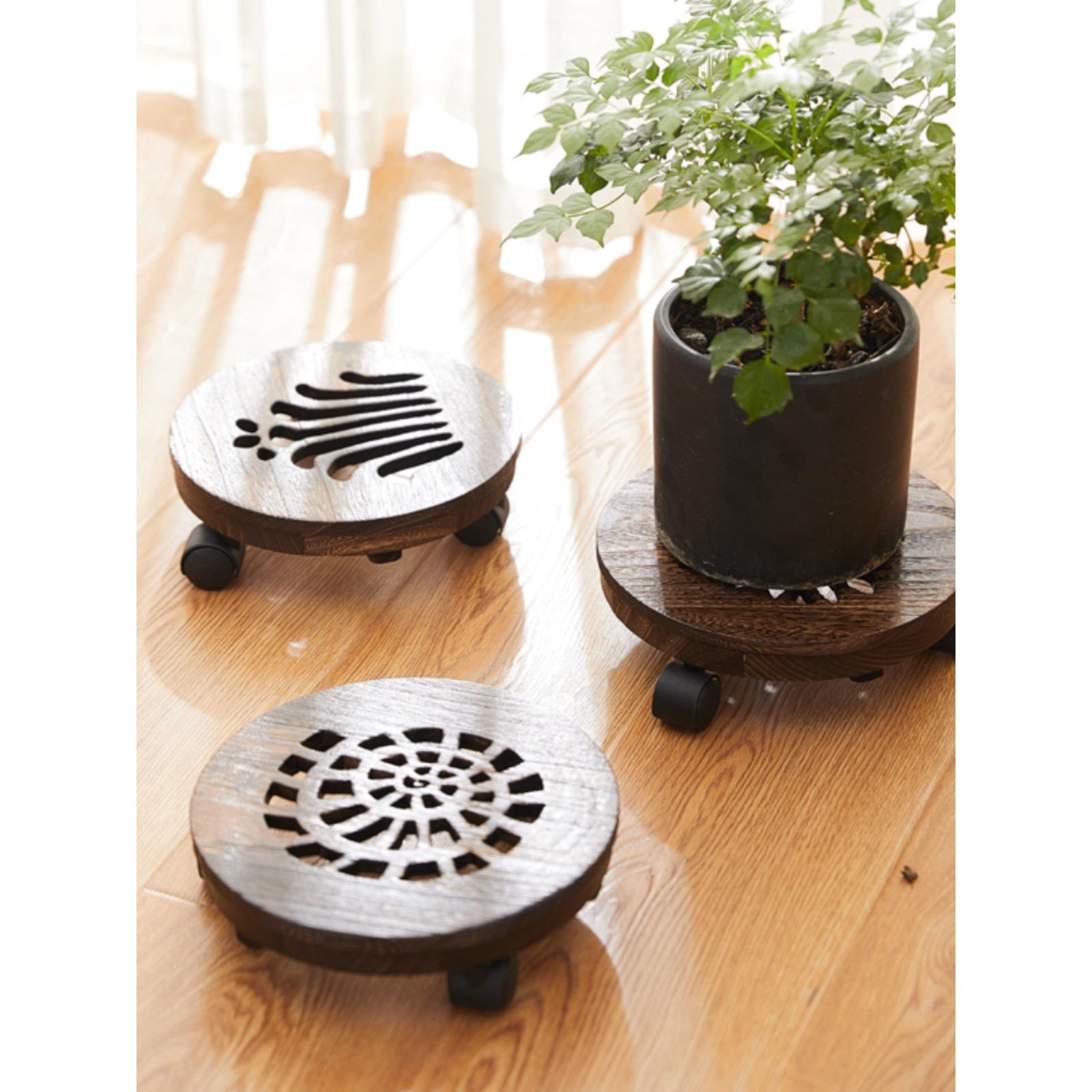 实木花盆底座托盘木质花架带移动万向轮滚轮接水盘滑轮圆形
