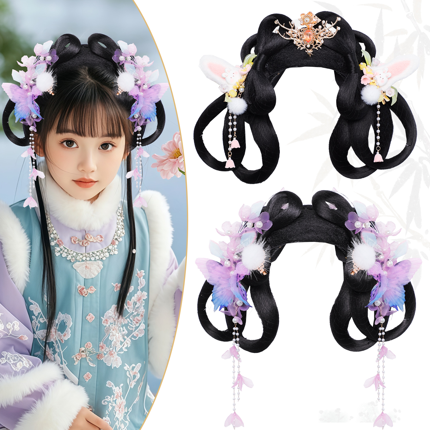古风假发包女童可爱汉服头饰一体式发箍古装发髻毛茸茸发饰组合