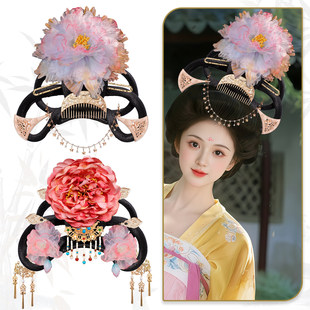 古装唐风绢纱牡丹花朵流苏发钗发冠全套组合贵妃皇后头饰假发发髻