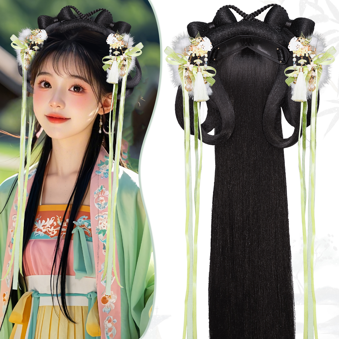 古风少女后披发假发黑色发髻