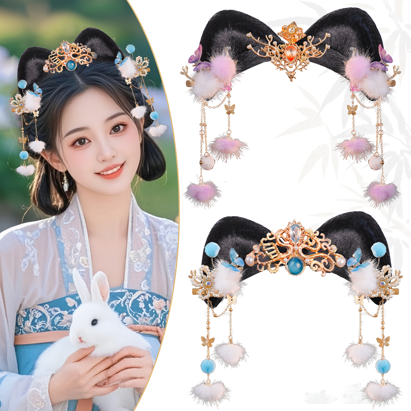 古风猫耳朵可爱毛茸茸长流苏头饰