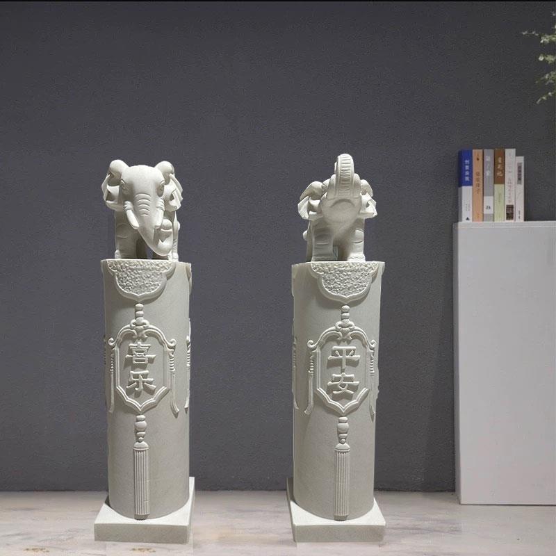 拴马桩石雕汉白玉小象拴马石柱家用庭院室内祥云柱石柱子装饰摆件