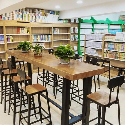 实木吧台桌奶茶店家用定制带靠背长条桌铁艺高脚凳商用一体靠墙桌