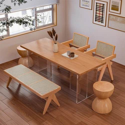 宅寂风白蜡木茶桌亚克力泡茶桌椅组合实木大板桌悬浮桌小户型餐桌