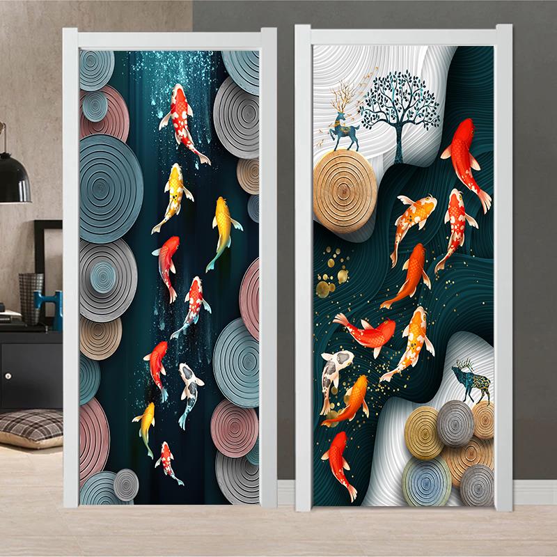 轻奢九鱼图门贴画整张自粘创意厕所房间木门衣柜玻璃移门翻新贴纸