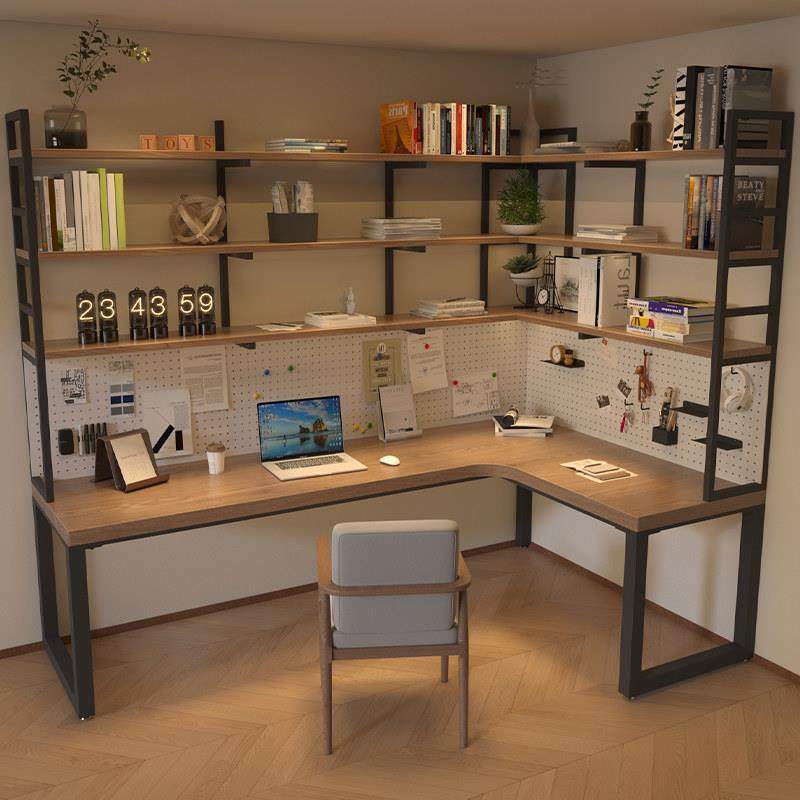 简约实木转角书桌书架组合靠墙L型电脑桌拐角书桌书架一体桌书柜