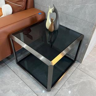 简约灰黑钛拉丝不锈钢欧灰玻璃岩板角几客厅方几办公茶几双层边柜