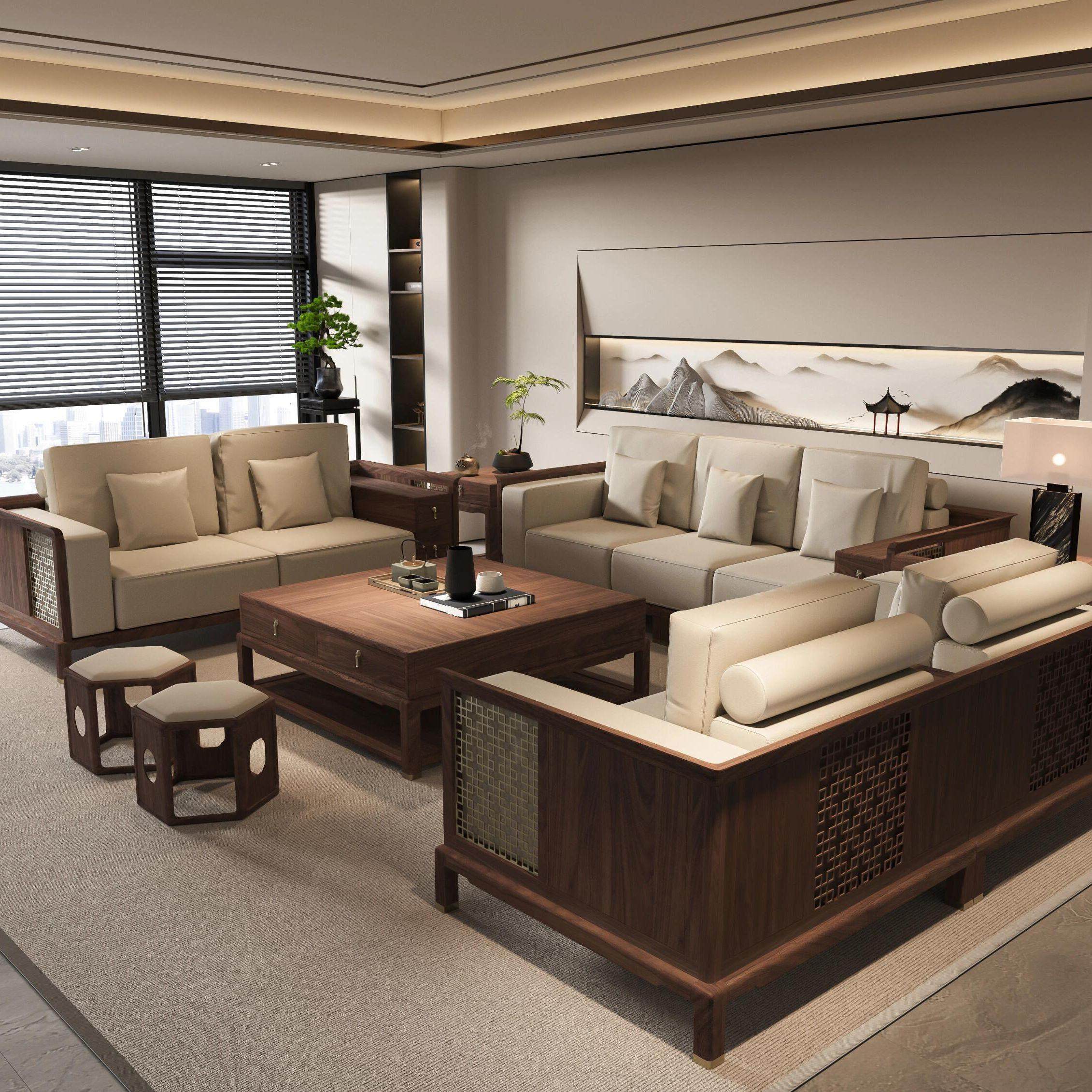 新中式北美黑胡桃木沙发组合客厅现代简约实木真皮沙发别墅大户型