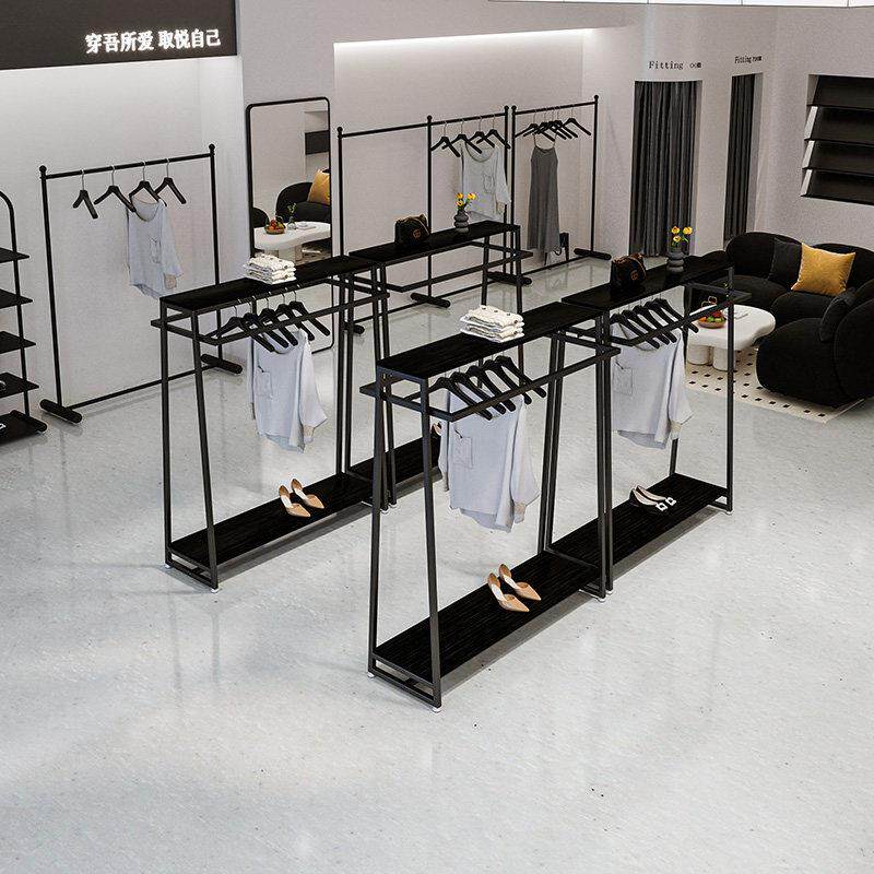 服装店中岛展示架黑色组合中间摆放挂衣架女装店双杠侧挂货架陈列